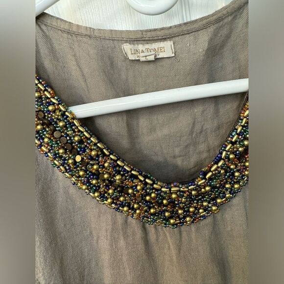 Lina Tomei 100% Linen Beaded Round Neck Sheath Dress Pockets Size Large Taupe - Picture 2 of 11
